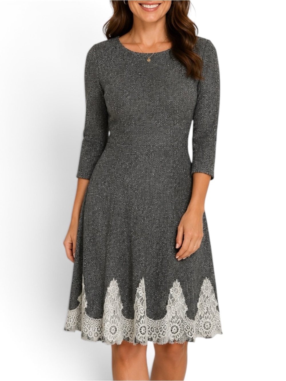 ECI New York Size L Gray Tweed Fit Flare Dress Ivory Lace Hem 3/4 Sleeve